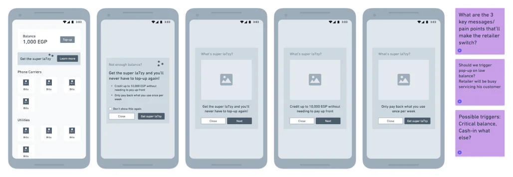 The first wireframes of the switch to credit, with three sticky notes