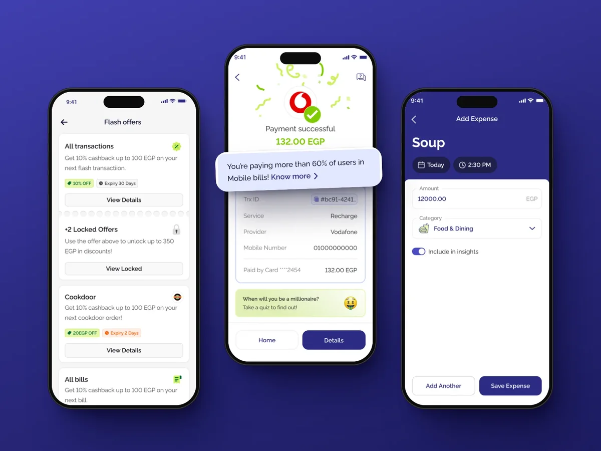 Flash on three phones: offers, a payment that went through, and adding an expense