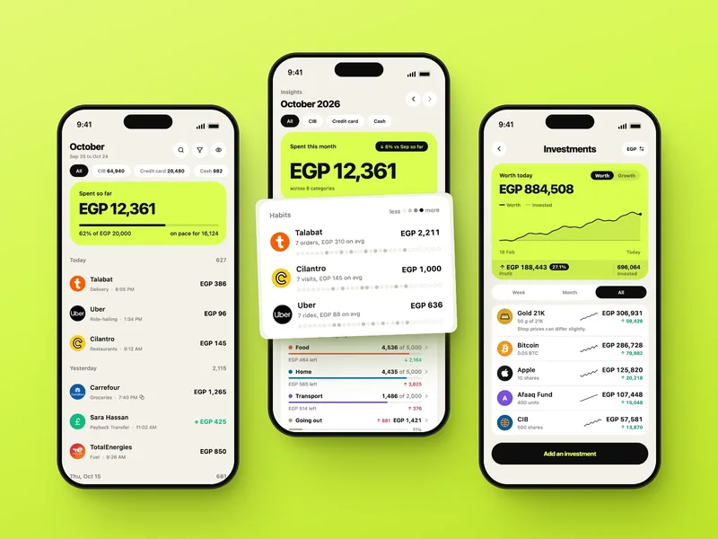 Tally on three phones: the month so far, the Habits card on Insights, and investments
