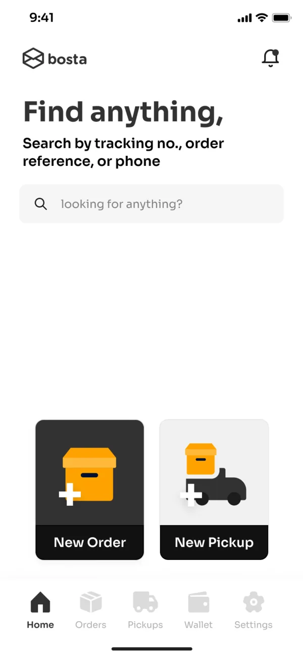 Home: search, new order, new pickup