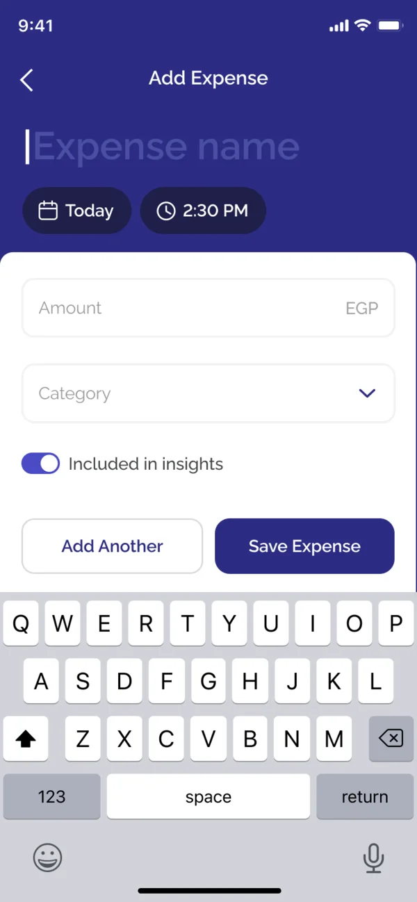Adding an expense: typing its name