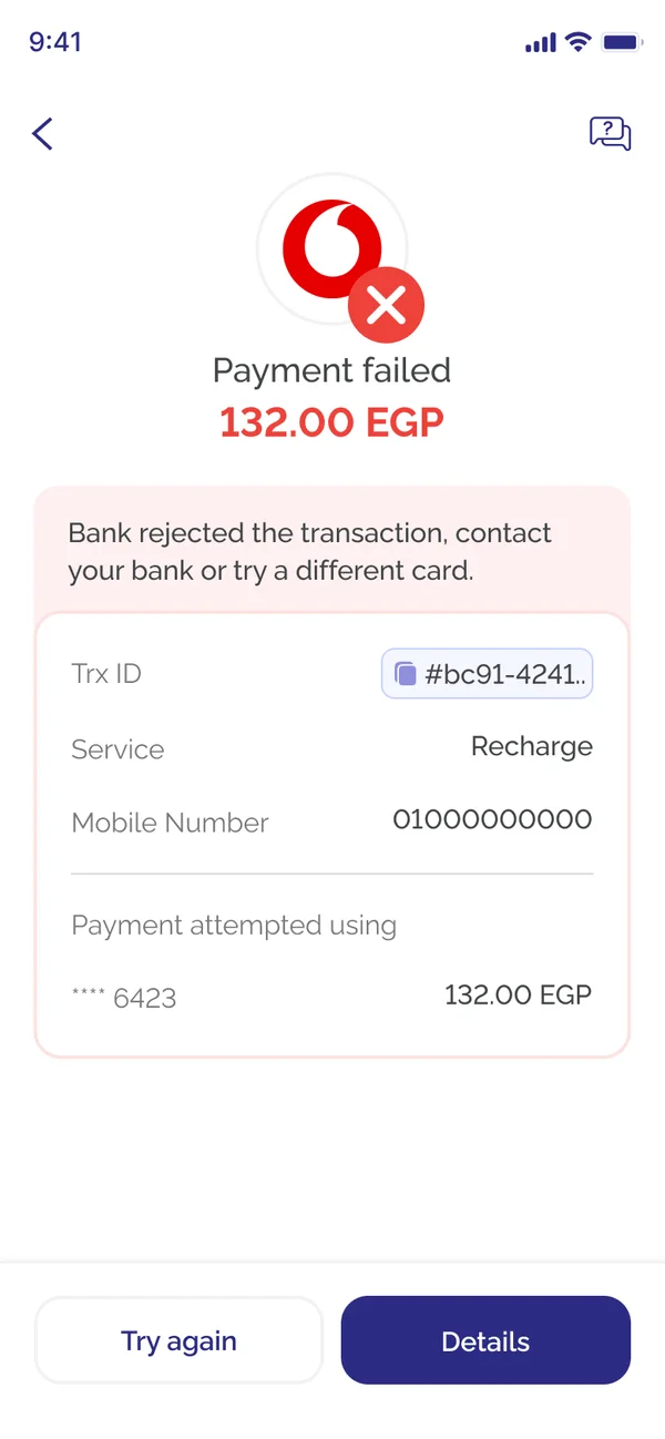 A payment the bank rejected, with a way to try again