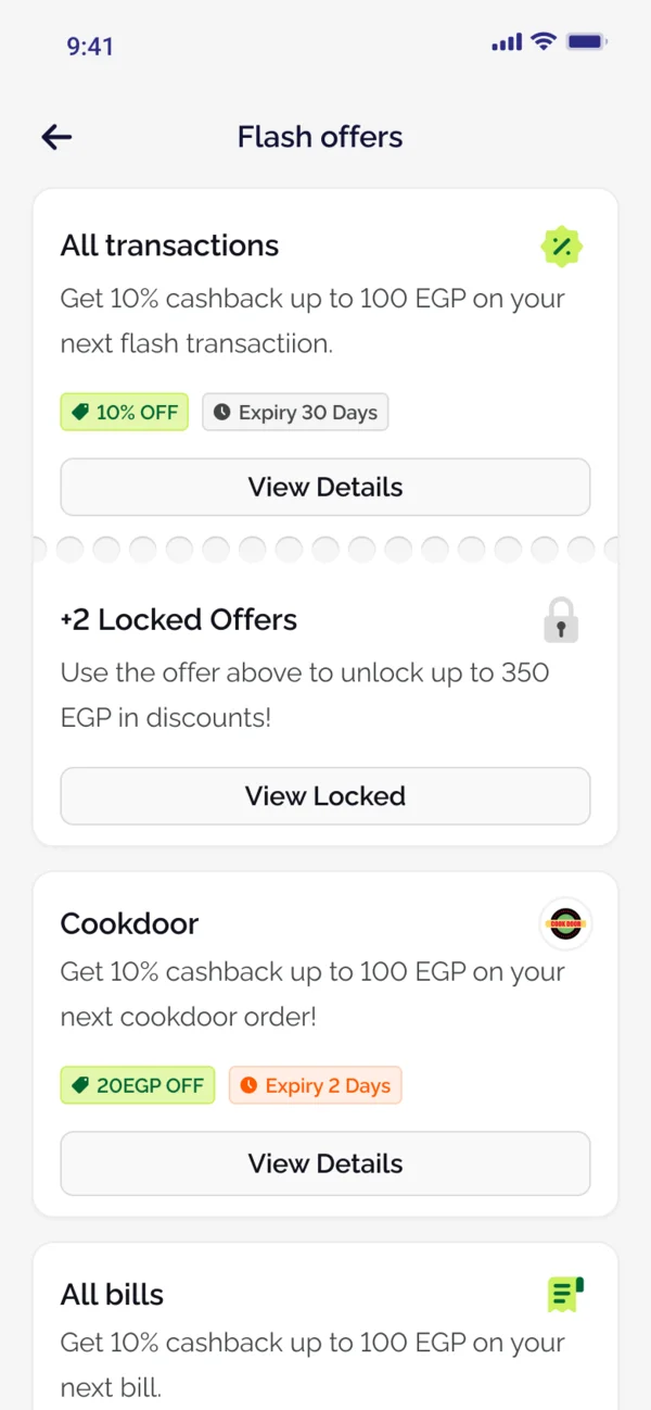 The Flash offers page: cashback on all transactions, two locked offers, and a restaurant offer