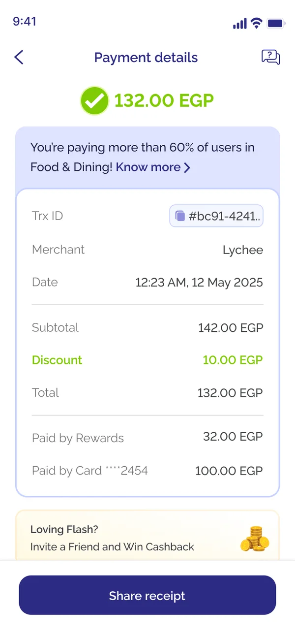 The details of a payment at a restaurant, paid partly with rewards